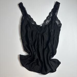 Vintage Made In Italy Black Cami Top M Satin 90s Y2K Fairy Grunge Lace Trim